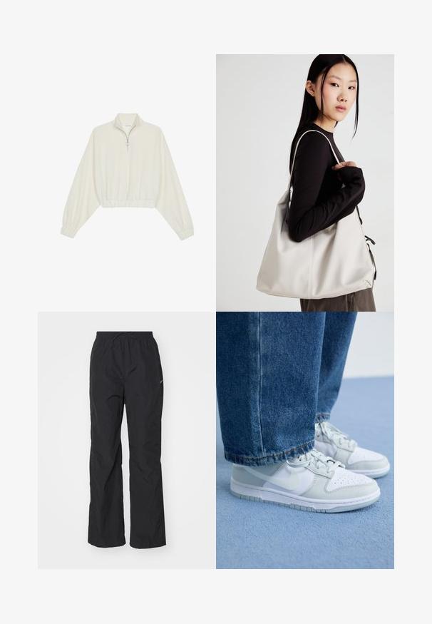 Pullover curto em tecido creme, apresentando um colarinho alto, fecho de meio zíper, bainha e punhos elásticos, com uma textura suave e design minimalista.; Calças pretas, leves, com cintura elástica e cordão. Apresentam um acabamento texturizado e um pequeno logótipo refletor de lado.; Ténis Nike em couro branco e cinza claro com biqueira perfurada, atacadores planos e sola de borracha, combinados com calças de ganga azuis.; Uma bolsa bege feita de material macio, com um design descontraído, detalhes de costura e duas alças para o ombro. Adequada para uso diário.