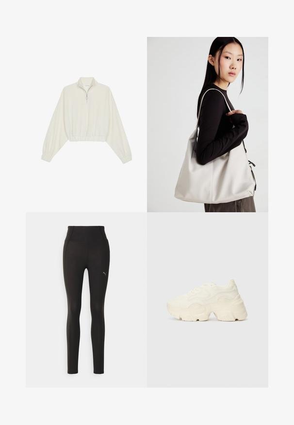 Krém színű, rövidített pulóver, magas gallérral, félig cipzáros záródással, elasztikus derék- és ujjakrésszel, sima textúrával és minimalista dizájnnal.; Fekete leggings rugalmas anyagból, magas derékkal. Diszkrét kontrasztvarrásokkal és egy apró logóval a bal oldalon.; Tömbös fehér sneakers, amely texturált hálóból és szintetikus anyagokból készült, vastag talppal és bonyolult mintázattal az oldalakon.; Puha anyagból készült bézs kézitáska, laza dizájnnal, varrott részletekkel és két vállpánttal. Mindennapi használatra alkalmas.