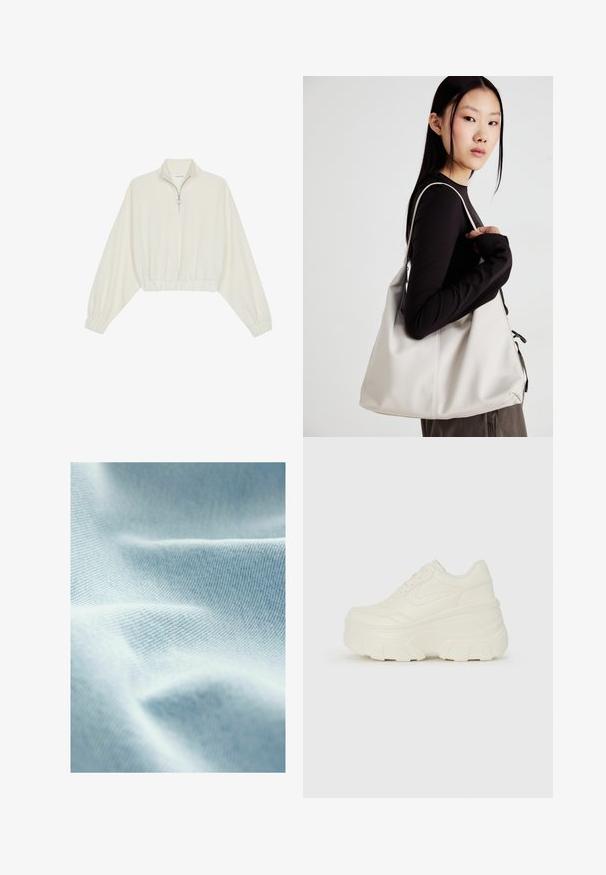 Pullover accorciato in tessuto crema, con colletto alto, chiusura a zip parziale, orlo e polsini elasticizzati, dalla texture liscia e design minimal.; Tessuto azzurro chiaro con una texture liscia e una fine trama diagonale, che mostra morbide pieghe e sottili variazioni di tonalità.; Sneakers bianchi con piattaforma, caratterizzati da una parte superiore simile alla pelle liscia, forma arrotondata, collo imbottito e suola in gomma testurizzata con scanalature ben definite.; Borsa a mano beige realizzata in materiale morbido, caratterizzata da un design morbido, dettagli cuciti e due manici. Adatta per l'uso quotidiano.