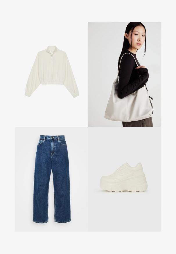 Pulover scurt din stofă crem, cu guler înalt, închidere cu fermoar pe jumătate, elastic la margini și la manșete, cu o textură netedă și un design minimalist.; Jeans din denim albastru deschis, cu picioare largi și talie înaltă, cu cusături vizibile și buzunare standard. Prezintă o închidere cu nasture și fermoar.; Adidași platformă albi, cu un superior neted asemănător cu pielea, formă rotunjită, guler căptușit și talpă din cauciuc texturată cu borduri bine definite.; Geantă bej din material moale, cu un design lejer, detalii cusute și două bretele pentru umăr. Potrivită pentru utilizarea zilnică.