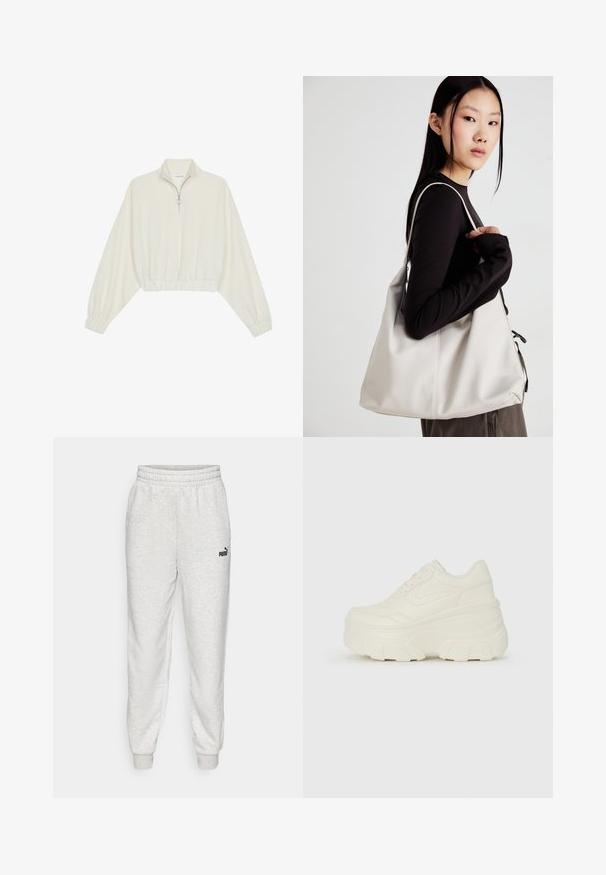 Kreptais pusītes džemperis krēmkrāsā, ar augstu apkakli, puszipa aizdari, elastīgu apakšmalu un aprocēm, ar gludu tekstūru un minimālistisku dizainu.; Gaiši pelēkas sporta bikses, kas izgatavotas no mīksta auduma, ar elastīgu jostu, sašaurinātiem potīšu galiem un mazu melnu logo uz kreisā augšstilba.; Baltie platformas sporta apavi, kas izgatavoti no gludas mākslīgās ādas, ar noapaļotu formu, mīkstu apkakli un teksturētu gumijas zoli ar izteiktiem rakstiem.; Bežs rokassoma, izgatavota no mīksta materiāla, ar brīvu dizainu, izšūtu apdari un divām plecu siksnām. Piemērota ikdienas lietošanai.