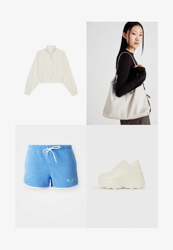 Geknipt pullover in crèmekleurige stof, met een hoge kraag, halve rits, elastische zoom en manchetten, met een soepele textuur en minimalistisch ontwerp.; Lichtblauwe katoenen shorts met een witte trekkoord, voorzien van witte afwerking en een groen accent logo aan de linkerbenedenkant.; Witte platform sneakers met een gladde leren bovenkant, afgeronde vorm, gewatteerde kraag en een gestructureerde rubberen zool met duidelijke profiel.; Beige handtas gemaakt van zacht materiaal, met een slonzig ontwerp, gestikte details en twee schouderbanden. Geschikt voor dagelijks gebruik.
