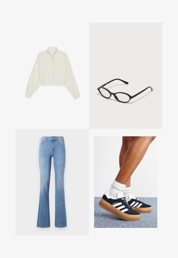 Cropped pullover in cream fabric, featuring a high collar, half-zip closure, elasticated hem and cuffs, with a smooth texture and minimal design.; Light blue flared jeans featuring a mid-rise waist, classic five-pocket design, and subtle fading along the legs. Denim fabric texture.; Black suede sneakers with white stripes and accents, rounded toe, gum rubber outsole, paired with white ribbed crew socks.; Black oval-frame glasses with translucent purple accents on the lenses. Frames have a matte finish and slender, straight temples.; Beige handbag made of soft material, featuring a slouchy design, stitched detailing, and two shoulder straps. Suitable for everyday use.