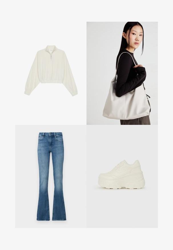 Skórzany pulower w kolorze kremowym, z wysokim kołnierzem, półzamkiem, elastycznym wykończeniem u dołu i mankietami, o gładkiej teksturze i minimalistycznym designie.; Dżinsy flare w średnim niebieskim odcieniu, z zapięciem na guzik, pięcioma kieszeniami i delikatnym przetarciem dla urozmaicenia faktury.; Białe sneakersy na platformie z gładkim, skórzano przypominającym wierzchem, zaokrąglonym kształtem, wyściełanym kołnierzem oraz teksturowaną gumową podeszwą z wyraźnym bieżnikiem.; Beżowa torebka wykonana z miękkiego materiału, charakteryzująca się luźnym fasonem, wyszywanymi detalami i dwoma uchwytami na ramię. Idealna na co dzień.