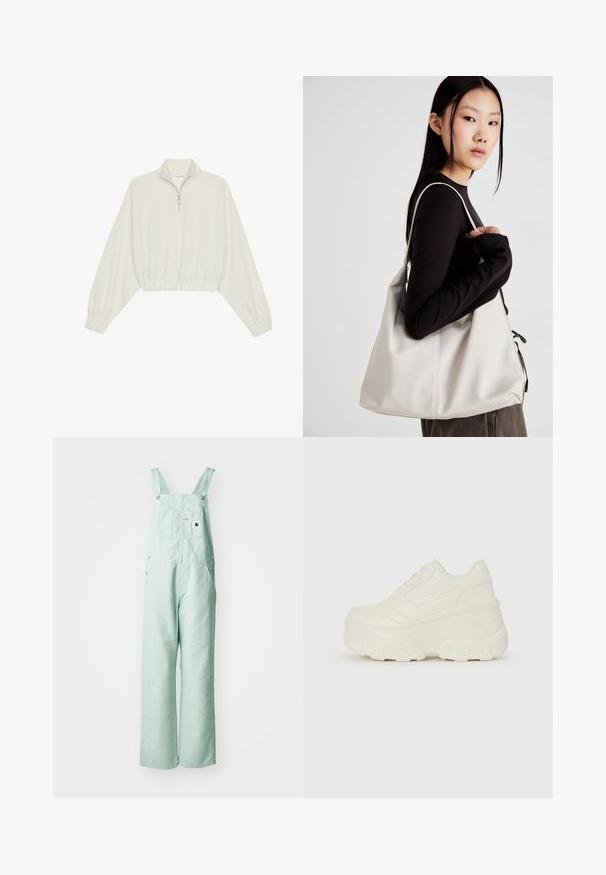 Pullover accorciato in tessuto crema, con colletto alto, chiusura a zip parziale, orlo e polsini elasticizzati, dalla texture liscia e design minimal.; Morbidi salopette verde menta realizzate in un tessuto resistente, con bretelle regolabili, una tasca sul petto e due tasche laterali.; Sneakers bianchi con piattaforma, caratterizzati da una parte superiore simile alla pelle liscia, forma arrotondata, collo imbottito e suola in gomma testurizzata con scanalature ben definite.; Borsa a mano beige realizzata in materiale morbido, caratterizzata da un design morbido, dettagli cuciti e due manici. Adatta per l'uso quotidiano.