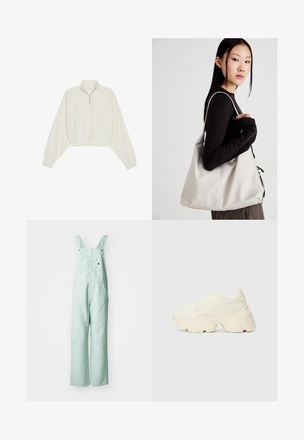 Gerippter Pullover aus cremefarbener Baumwolle mit hohem Kragen, halbem Reißverschluss, elastischen Säumen und Bündchen, glatter Textur und minimalistischem Design.; Helle mintgrüne Latzhose aus robustem Stoff, mit verstellbaren Trägern, einer Brusttasche und zwei Seitentaschen.; Flockige weiße Sneaker aus strukturiertem Mesh und synthetischen Materialien, mit einer dicken Sohle und komplizierten Mustern entlang der Seiten.; Beige Handtasche aus weichem Material, mit einem lässigen Design, gesteppten Details und zwei Schulterriemen. Geeignet für den täglichen Gebrauch.