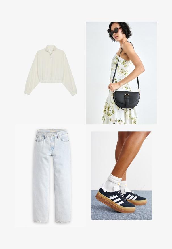 Pullover curto em tecido creme, apresentando um colarinho alto, fecho de meio zíper, bainha e punhos elásticos, com uma textura suave e design minimalista.; Jeans de ganga azuis claros, de perna reta e com cintura alta, com cinco bolsos, fechamento frontal por botão e detalhes de costura visíveis.; Ténis de camurça preta com riscas e detalhes brancos, biqueira arredondada, sola em borracha cor de goma, combinados com meias brancas caneladas até à altura do tornozelo.; Bolsa de couro preta com forma curva, alça destacável e detalhes em dourado. A bolsa possui uma aba com detalhe de fivela.