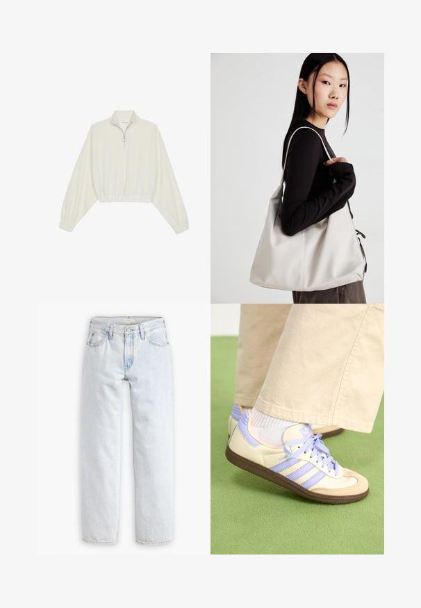 Kort genser i kremfarget stoff, med høy krage, halv glidelås, elastisk nederste kant og mansjetter, med en glatt tekstur og minimalistisk design.; Lys blå, rett ben denim jeans med høy midje, som har fem lommer, en front knappelukking og synlige sømdetaljer.; Kremfargede og lavendelfargede joggesko med tre striper og en teksturert brun såle, med lisser og en polstret hæl. Mykt stofføvre.; Beige håndveske laget av mykt materiale, med en slapp design, sydd detaljer og to skulderstropper. Passer for daglig bruk.