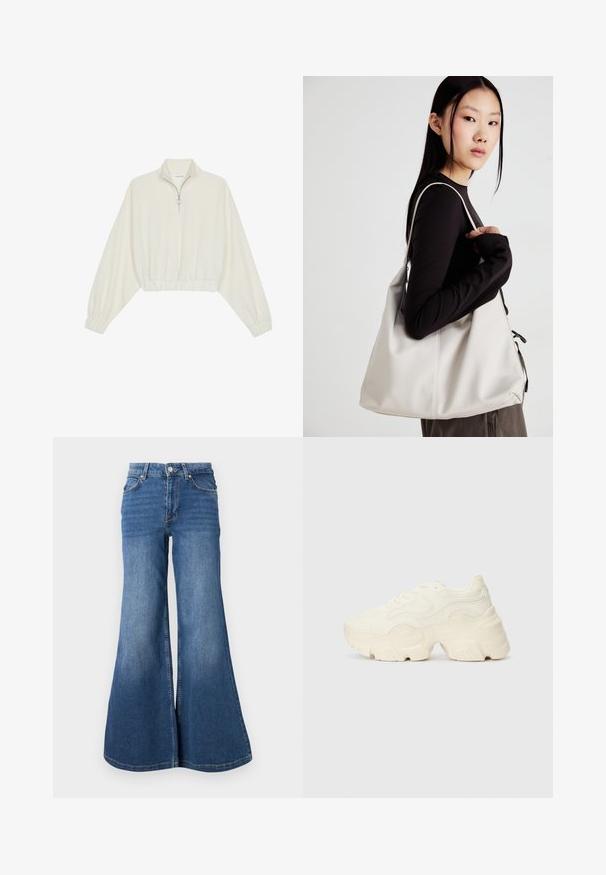 Kratka pulover v kremnem blagu, z visokim ovratnikom, pol-zadrgo, elastičnim robom in manšetami, z gladko teksturo in minimalističnim oblikovanjem.; Modri flare jeans iz denima s postaranim videzom, zasnova s petimi žepi in kovinskim gumbom za zapiranje na pasu.; Debele bele športne copate, izdelane iz teksturirane mrežaste in sintetične materialov, z debelim podplatom in zapletenimi vzorčičnimi detajli ob straneh.; Bežna torbica iz mehkega materiala, z ohlapno zasnovo, šivi in dvema naramnicama. Primerna za vsakodnevno uporabo.