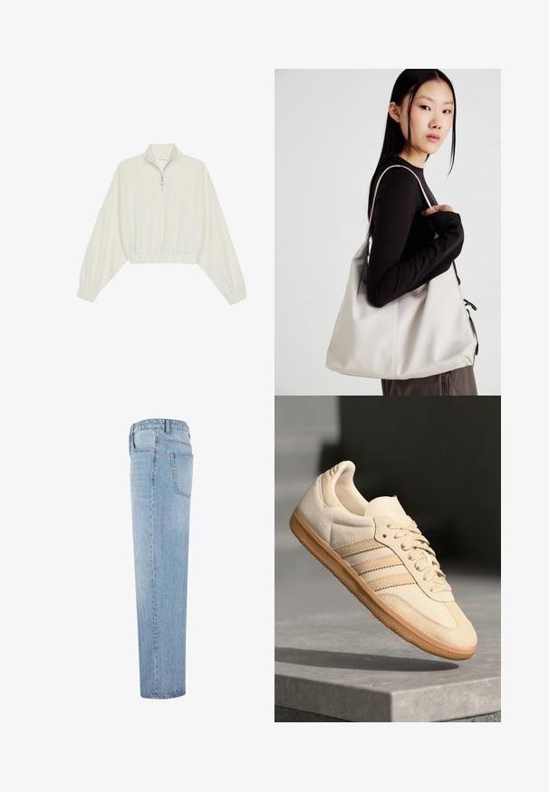 Kreemfarbenest lühikese varrukaga kudum, millel on kõrge kaelus, pool tõmblukk, elastne allosa ja varrukad, sile tekstuur ja minimaalne disain.; Heledsinine sirge säärega teksapüksid kõrge vöökohaga ja nähtava tagataskuga, nähtavad külgvaates valgel taustal.; Hele beeži sueded spordijalatsid, millel on kummist välistald, kolm diagonaalset triipu ja tekstuuriga varvaste katus. Omab logo keelel ja külgedel.; Bež käekott pehme materjali, millel on lõtv disain, õmblustega detailid ja kaks õlarihma. Sobib igapäevaseks kasutamiseks.