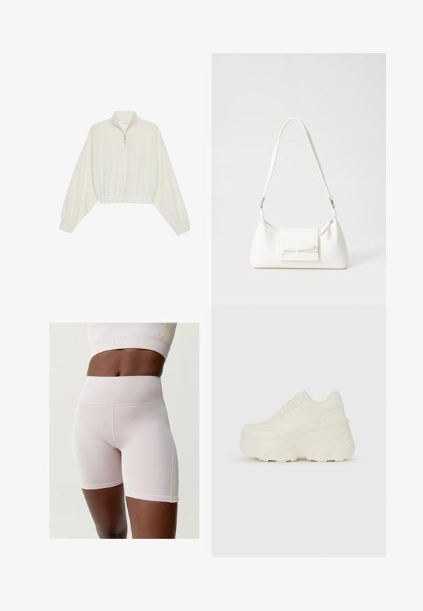 Avkortad tröja i krämfärgad tyg, med hög krage, halvdragkedja, elastisk nederkant och ärmar, med en slät yta och minimalistisk design.; Ljusrosa hög midja shorts gjorda av stretchmaterial, med en slät textur och subtila sömnadsdetaljer, designade för komfort och rörelse.; Vita plattformssneakers med en slät läderliknande överdel, rundad form, vadderad krage och texturerad gummisula med definierade mönster.; Vit syntetisk handväska med triangulär form, platt framklaff och rosettdetalj, justerbar rem, slät textur och minimalistisk design.