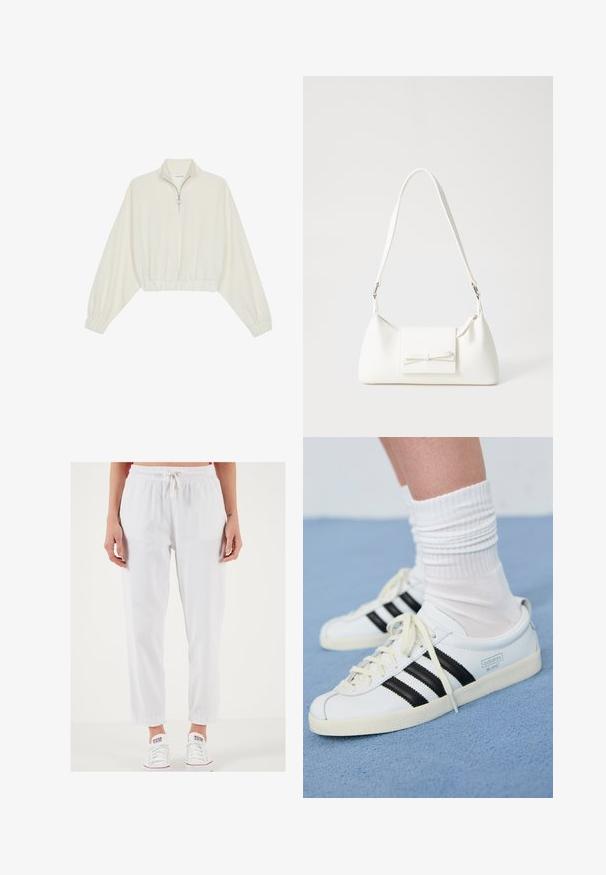 Krém színű, rövidített pulóver, magas gallérral, félig cipzáros záródással, elasztikus derék- és ujjakrésszel, sima textúrával és minimalista dizájnnal.; Fehér pamut húzózsinóros nadrág, elasztikus derékkal, beszűkülő bokákkal és könnyű textúrával. Fehér sportcipővel párosítva.; Fehér bőr sportcipők fekete csíkokkal, krém színű talppal és világos fűzőkkel. Fehér bordázott zoknival viselve, kék háttér előtt.; Fehér szintetikus kézitáska, háromszög alakú, lapos előlap, masni részlettel, állítható pánttal, sima textúrával és minimalista dizájnnal.