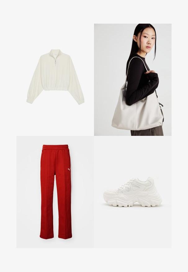 Kreptais pusītes džemperis krēmkrāsā, ar augstu apkakli, puszipa aizdari, elastīgu apakšmalu un aprocēm, ar gludu tekstūru un minimālistisku dizainu.; Sarkanie sporta bikses ar mīkstu tekstūru, elastīgu jostu un divām sānu kabatām ar rāvējslēdzēju. Iezīmēts ar baltu svītru gar sāniem un mazu logotipu.; Baltas masīvkājas sporta apavi ar strukturētu virsu, sieta paneļiem un biezu gumijas zoli ar izteiktu protektora rakstu. Iekļautas auklas un cilpa uzvilkšanai.; Bežs rokassoma, izgatavota no mīksta materiāla, ar brīvu dizainu, izšūtu apdari un divām plecu siksnām. Piemērota ikdienas lietošanai.
