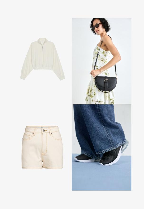 Geknipt pullover in crèmekleurige stof, met een hoge kraag, halve rits, elastische zoom en manchetten, met een soepele textuur en minimalistisch ontwerp.; Beige denim shorts met een hoge taille, voorzien van contrasterende gele stiksels, steekzakken aan de voorkant en een metalen knoopsluiting met merklogo.; Zwarte sportschoenen met netdetails, witte zool en zichtbare luchtvering, gecombineerd met blauwe denim wijde jeans.; Zwarte leren handtas met een gebogen vorm, afneembare schouderband en gouden hardware. De tas heeft een klep met een gespsluiting.