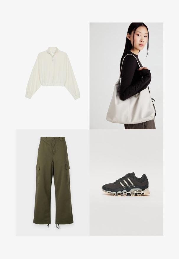Cropped pullover in cream fabric, featuring a high collar, half-zip closure, elasticated hem and cuffs, with a smooth texture and minimal design.; Olive green cargo pants made of cotton, featuring a high waist, wide legs, side cargo pockets, and adjustable drawstrings at the hem.; Black athletic shoe with a textured upper, three silver stripes, and a distinctive cushioning sole featuring multiple integrated sections.; Beige handbag made of soft material, featuring a slouchy design, stitched detailing, and two shoulder straps. Suitable for everyday use.