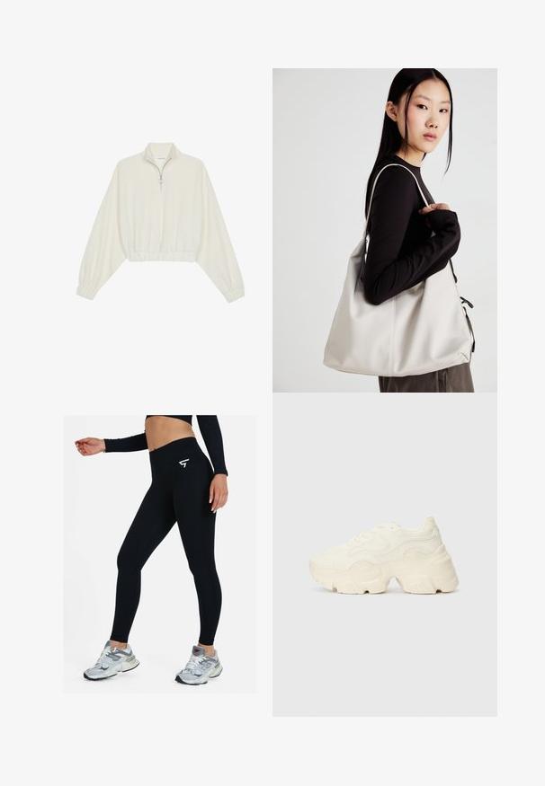 Lyhyt kerrosvaate vaaleasta kankaasta, jossa on korkea kaulus, puolivetoketjukiinnitys, joustavat helma ja hihansuut, tasainen pinta ja minimalistinen muotoilu.; Mustat ribbipinnalla varustetut leggingsit, joissa on korkea vyötärö ja joiden kyljessä on valkoinen logo. Yhdistettyinä harmaisiin urheilulenkkareihin, jotka korostavat sileää pintaa.; Paksut valkoiset lenkkarit, jotka on valmistettu teksturoidusta verkosta ja synteettisistä materiaaleista. Kenkäparissa on paksu pohja ja monimutkaisat kuviohuokoset sivuilla.; Beige laukku, joka on valmistettu pehmeästä materiaalista, ja siinä on rento muotoilu, ommeltu yksityiskohtia ja kaksi olkahihnaa. Sopii päivittäiseen käyttöön.