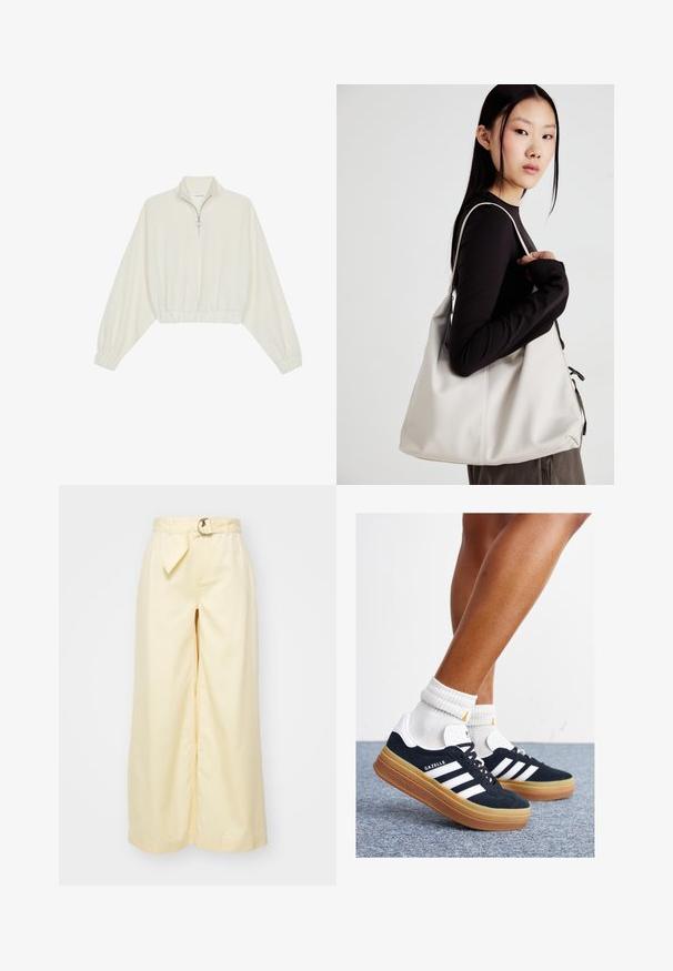 Kreptais pusītes džemperis krēmkrāsā, ar augstu apkakli, puszipa aizdari, elastīgu apakšmalu un aprocēm, ar gludu tekstūru un minimālistisku dizainu.; Gaiši dzelteni plataji stila bikses ar jostu, izgatavotas no kokvilnas. Pietiekami eleganta priekšpuses dizains un smalkas šuvju detaļas.; Melnas zamšādas sporta kurpes ar baltām svītrām un akcentiem, apaļa purngala daļa, gumijas zole, kopā ar baltām ribotām sporta zeķēm.; Bežs rokassoma, izgatavota no mīksta materiāla, ar brīvu dizainu, izšūtu apdari un divām plecu siksnām. Piemērota ikdienas lietošanai.