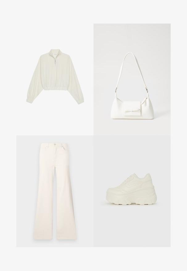 Skórzany pulower w kolorze kremowym, z wysokim kołnierzem, półzamkiem, elastycznym wykończeniem u dołu i mankietami, o gładkiej teksturze i minimalistycznym designie.; ONLY ONLMADISON mleczny; Białe sneakersy na platformie z gładkim, skórzano przypominającym wierzchem, zaokrąglonym kształtem, wyściełanym kołnierzem oraz teksturowaną gumową podeszwą z wyraźnym bieżnikiem.; Biała syntetyczna torba o trójkątnym kształcie, płaskim przednim klapce i detalach w postaci kokardy, regulowanym pasku, gładkiej fakturze oraz minimalistycznym designie.