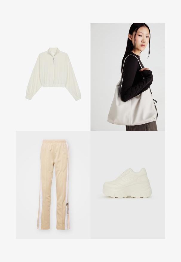Kreminės spalvos trumpas megztinis, turintis aukštą apykaklę, pusiau užtrauktuką, elastinį apačią irRankovių kraštus, su lygiu paviršiumi ir minimalizuotu dizainu.; adidas Originals BREAK - Treningo apatinė dalis - magic beige; Baltos platformos sportbačiai su lygiu odos primenančiu paviršiumi, apvalia forma, paminkštintu apykakle ir tekstūruotu guminiu padu su ryškiais protektoriais.; Bežinė rankinė, pagaminta iš minkštos medžiagos, turinti laisvą dizainą, siuvinėtas detalės ir dvi petnešos. Tinkama kasdieniam naudojimui.