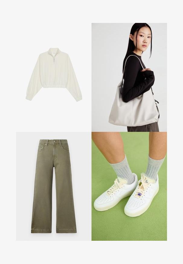 Sudadera cropped en tejido crema, con cuello alto, cierre de media cremallera, dobladillo y puños elásticos, con una textura suave y un diseño minimalista.; Pantalones de pierna ancha en verde oliva, confeccionados en una suave tela texturizada. Presentan presillas para el cinturón, cierre con cremallera y botón, y bolsillos frontales.; Zapatillas Nike Air Force 1 de cuero blanco con puntera perforada, cordones crema y acentos decorativos de joyería. Calcetines grises de canalé visibles. Fondo verde.; Bolso de mano beige hecho de material suave, con un diseño holgado, detalles cosidos y dos asas. Adecuado para uso diario.
