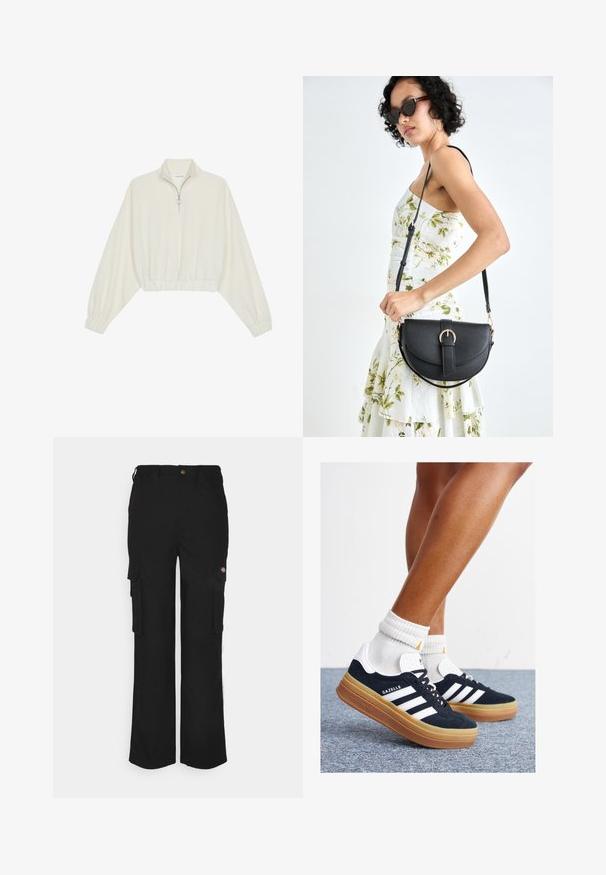 Cropped pullover in cream fabric, featuring a high collar, half-zip closure, elasticated hem and cuffs, with a smooth texture and minimal design.; Black cargo pants made of durable fabric, featuring two side pockets, a button closure, and a relaxed fit with straight legs.; Black suede sneakers with white stripes and accents, rounded toe, gum rubber outsole, paired with white ribbed crew socks.; Black leather handbag with a curved shape, detachable strap, and gold hardware. The bag features a flap with a buckle detail.