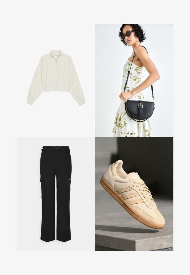 Avkortad tröja i krämfärgad tyg, med hög krage, halvdragkedja, elastisk nederkant och ärmar, med en slät yta och minimalistisk design.; Svarta cargobyxor gjorda av slitstark tyg, med två sidofickor, knappstängning och en avslappnad passform med raka ben.; Ljusbeige mockasneaker med gummisula, tre diagonala ränder och en texturerad tåhuvud. Har logotyp på tungan och sidan.; Svart läderhandväska med en böjd form, avtagbar rem och guldiga detaljer. Väskan har ett lock med en spänndetalj.