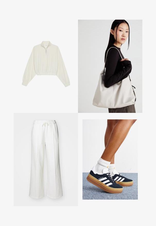 Krém színű, rövidített pulóver, magas gallérral, félig cipzáros záródással, elasztikus derék- és ujjakrésszel, sima textúrával és minimalista dizájnnal.; Fehér melegítőnadrág, húzózsinórral ellátott derekú, széles lábbelivel és függőleges varrási részletekkel. Puha, textúrált anyagból készült.; Fekete velúr sportcipő fehér csíkokkal és díszítésekkel, lekerekített orral, gumitalpú külső résszel, fehér bordázott bokazoknival párosítva.; Puha anyagból készült bézs kézitáska, laza dizájnnal, varrott részletekkel és két vállpánttal. Mindennapi használatra alkalmas.