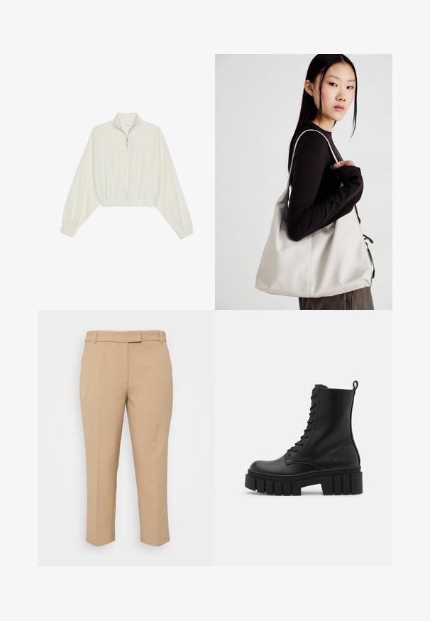 Pulover scurt din stofă crem, cu guler înalt, închidere cu fermoar pe jumătate, elastic la margini și la manșete, cu o textură netedă și un design minimalist.; Pantaloni bej, ajustați, cu croială dreaptă, talie medie și buzunare laterale. Textură netedă, cu pliseuri bine definite și lungime la gleznă, cu manșete.; Botine negre din piele cu talpă masivă și zimțată, cu sistem de șireturi și cârlig pentru tragere, pe fundal alb. ; Geantă bej din material moale, cu un design lejer, detalii cusute și două bretele pentru umăr. Potrivită pentru utilizarea zilnică.; Cercei cercuri din aur cu un finisaj neted și strălucitor. Design circular cu un mic suport și un spate transparent pentru o purtare sigură.