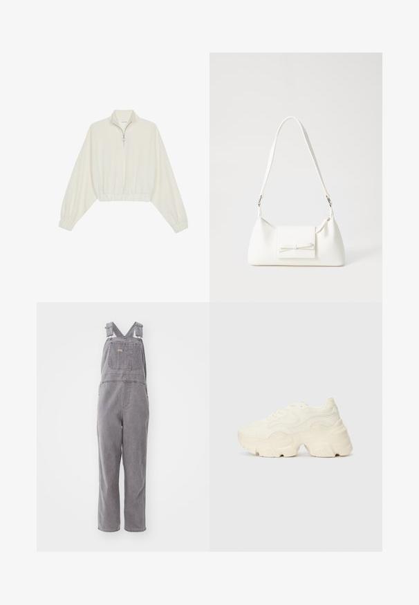 Kratka pulover v kremnem blagu, z visokim ovratnikom, pol-zadrgo, elastičnim robom in manšetami, z gladko teksturo in minimalističnim oblikovanjem.; Sive obleke iz denima z nastavljivimi naramnicami, sprednjim žepom in sproščenim krojem. Imajo naravnost rezane hlačnice in enotno barvo.; Debele bele športne copate, izdelane iz teksturirane mrežaste in sintetične materialov, z debelim podplatom in zapletenimi vzorčičnimi detajli ob straneh.; Bela sintetična torbica v obliki trikotnika, z ravnim sprednjim poklopcem in detajlom mašne, nastavljivim trakom, gladko teksturo in minimalističnim dizajnom.