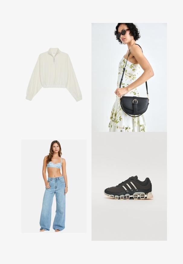 Kreemfarbenest lühikese varrukaga kudum, millel on kõrge kaelus, pool tõmblukk, elastne allosa ja varrukad, sile tekstuur ja minimaalne disain.; Hele sinine lilleline rinnahoidja, mis on sobitatud laia jala hele sinise denimpüksiga. Mugav istuvus koos lõdva siluetiga ja klassikaline nööpidega kinnitamine.; Must have sportlik kingad musta värvi, millel on tekstuuriga pealisosa, kolm hõbedast triipu ja eristuv pehmendusnähtus, millel on mitmed integreeritud osad.; Mustmust mustraha kõverate joontega, eemaldatava rihmaga ja kuldsete detailidega. Kotil on klapp, millel on pandladetail.