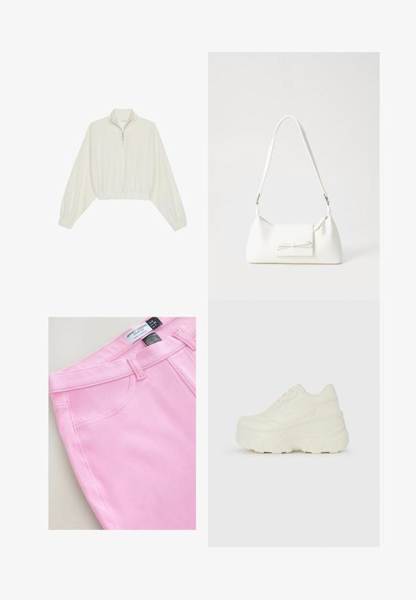 Kreemfarbenest lühikese varrukaga kudum, millel on kõrge kaelus, pool tõmblukk, elastne allosa ja varrukad, sile tekstuur ja minimaalne disain.; Lühi roosa trikoo retuusid, millel on sile tekstuur, tavaline vöökoht ja küljetaskud. Silt näitab suurust ja brändi.; Valged platvormi tõusukingad, millel on siledast nahast meenutav pealis, ümar kuju, pehmendatud kaelus ja tekstureeritud kummitald koos selgete hüdrofoobsete mustritega.; Valge sünteetilisest materjalist kott kolmnurkse kujuga, lame esiklapiga ja kaaredetailiga, reguleeritava rihmaga, sileda tekstuuriga ja minimalistliku disainiga.