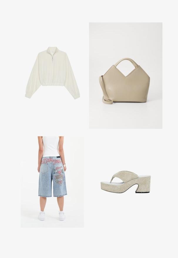 Lyhyt kerrosvaate vaaleasta kankaasta, jossa on korkea kaulus, puolivetoketjukiinnitys, joustavat helma ja hihansuut, tasainen pinta ja minimalistinen muotoilu.; Vaaleansiniset farkkushortsit, joissa on rento malli. Takana on värikkäitä brodeerattuja tiikeri-kuvioita ja tekstiä, ja lahkeet on viimeistelty kääntöreunalla.; Beige-alustossud, millel on tekstureeritud, pehme ülemine osa, avatud varvas ja kaardus konts. Omab minimalistlikku disaini paksu tallaga.; Beige laukku, jossa on V-muotoinen yläosa, sileää nahkaa, lyhyet kahvat ja pitkä säädettävä hihna. Minimalistinen muotoilu.