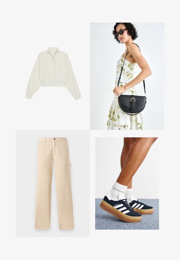 Geknipt pullover in crèmekleurige stof, met een hoge kraag, halve rits, elastische zoom en manchetten, met een soepele textuur en minimalistisch ontwerp.; Beige corduroy broeken met een wijde pijp, verticale ribbelstructuur, voorzakken en een zijknopdetail.; Zwarte suède sneakers met witte strepen en accenten, ronde neus, gum rubberen buitenzool, gecombineerd met witte geribbelde crewkousen.; Zwarte leren handtas met een gebogen vorm, afneembare schouderband en gouden hardware. De tas heeft een klep met een gespsluiting.