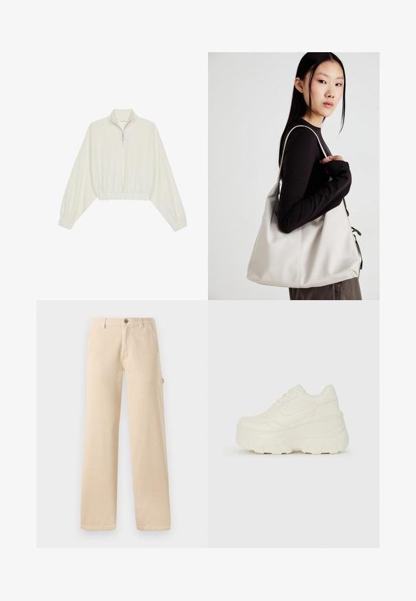 Krém színű, rövidített pulóver, magas gallérral, félig cipzáros záródással, elasztikus derék- és ujjakrésszel, sima textúrával és minimalista dizájnnal.; Beige kordbársony nadrág, széles lábakkal, függőleges bordázott textúrával, elülső zsebekkel és oldalsó gombdíszítéssel.; Fehér platform sportcipők, sima bőrszerű felsőrésszel, kerek formával, párnázott bokával és texturált gumitalppal, jól definiált mintázattal.; Puha anyagból készült bézs kézitáska, laza dizájnnal, varrott részletekkel és két vállpánttal. Mindennapi használatra alkalmas.