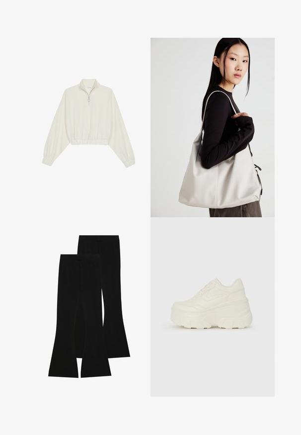 Kreminės spalvos trumpas megztinis, turintis aukštą apykaklę, pusiau užtrauktuką, elastinį apačią irRankovių kraštus, su lygiu paviršiumi ir minimalizuotu dizainu.; Juodi platėjančių kojų džinsai, pagaminti iš elastingos medžiagos, turintys aukštą liemenį ir lygią tekstūrą, su prigludusia forma, kuri plinta nuo kelio.; Baltos platformos sportbačiai su lygiu odos primenančiu paviršiumi, apvalia forma, paminkštintu apykakle ir tekstūruotu guminiu padu su ryškiais protektoriais.; Bežinė rankinė, pagaminta iš minkštos medžiagos, turinti laisvą dizainą, siuvinėtas detalės ir dvi petnešos. Tinkama kasdieniam naudojimui.