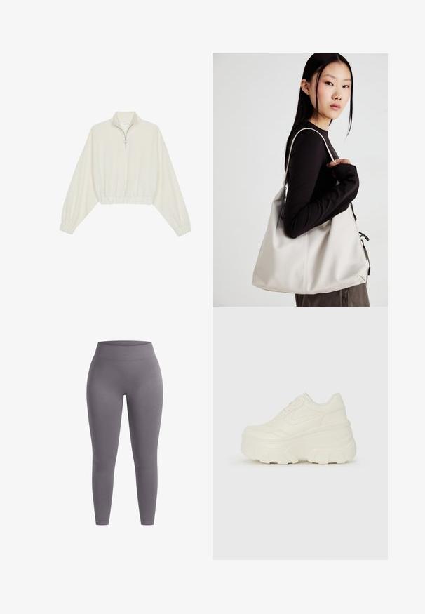 Gerippter Pullover aus cremefarbener Baumwolle mit hohem Kragen, halbem Reißverschluss, elastischen Säumen und Bündchen, glatter Textur und minimalistischem Design.; Graue Leggings mit einem hohen, elastischen Bund. Hergestellt aus glattem, dehnbarem Material, mit einem figurbetonten Design und nahtloser Verarbeitung.; Weiße Platform Sneakers mit einem glatten, lederähnlichen Obermaterial, abgerundeter Form, gepolstertem Kragen und strukturierten Gummisohlen mit ausgeprägten Stollen.; Beige Handtasche aus weichem Material, mit einem lässigen Design, gesteppten Details und zwei Schulterriemen. Geeignet für den täglichen Gebrauch.