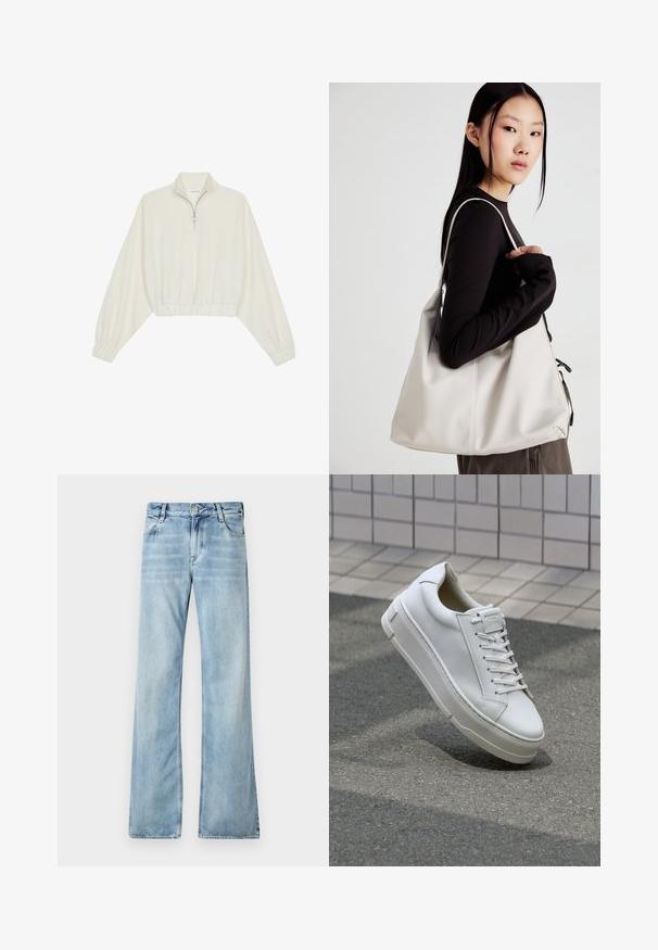 Cropped pullover in cream fabric, featuring a high collar, half-zip closure, elasticated hem and cuffs, with a smooth texture and minimal design.; Light blue flared jeans made of denim, featuring a five-pocket design, button closure, and subtle fading for a worn effect.; White leather sneaker with a low-top design, flat laces, rounded toe, and textured sides. Thick rubber sole with subtle accents.; Beige handbag made of soft material, featuring a slouchy design, stitched detailing, and two shoulder straps. Suitable for everyday use.