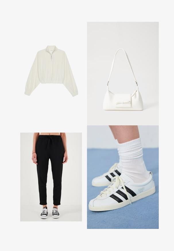 Skraćeni pulover od kremastog materijala, s visokim ovratnikom, zatvaranjem na polovicu munje, elastičnim rubom i manžetama, s glatkom teksturom i minimalnim dizajnom.; Crne, lagane, teksturirane hlače s pojasom za vezanje, suženim krojem i prevrnutim rubovima, uparene s crno-bijelim tenisicama.; Bijele kožne tenisice s crnim prugama, kremasto bijela potplat i svijetle vezice. Nosi se s bijelim rebrastim čarapama, postavljeno na plavoj pozadini.; Bijela sintetička torbica s trokutastim oblikom, ravnim prednjim poklopcem i detaljem u obliku mašne, podesivom remenom, glatkom teksturom i minimalističkim dizajnom.