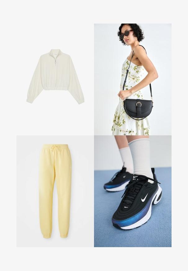 Kratka pulover v kremnem blagu, z visokim ovratnikom, pol-zadrgo, elastičnim robom in manšetami, z gladko teksturo in minimalističnim oblikovanjem.; Rumene trenirke z elastiko in vrvico. Imajo bel logo na levi strani in elastične manšete pri gležnjih.; Črne Nike športne copate z gladkim zgornjim delom iz tkanine, ki imajo gradientni dizajn od modre do črne, belo podplat in izrazite logotipne akcenta.; Črna usnjena torbica s ukrivljeno obliko, z odstranljivo naramnico in zlatimi dodatki. Torbica ima pokrov s podrobnostmi v obliki zaponke.