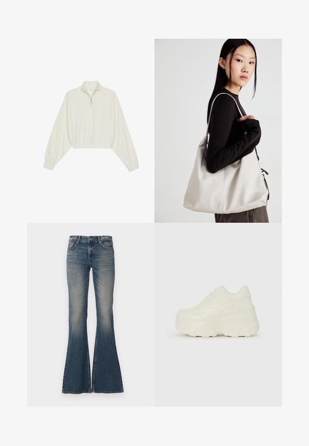 Zkrácený svetr z krémové látky, který má vysoký límec, poloviční zip, elastický spodní lem a manžety, hladkou texturu a minimalistický design.; Rozšířené modré džíny vyrobené z denimu, s knoflíkovým zapínáním, pěti kapsami a vybledlým vzhledem se širokým otvorem nohavic.; Bílé platformové tenisky s hladkým svrškem podobným kůži, zaobleným tvarem, polstrovaným límcem a texturovanou gumovou podrážkou s vyznačenými vzory.; Beige kabelka vyrobená z měkkého materiálu, s volným designem, prošívanými detaily a dvěma ramenními popruhy. Vhodná pro každodenní použití.