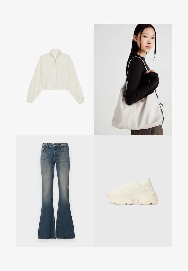 Geknipt pullover in crèmekleurige stof, met een hoge kraag, halve rits, elastische zoom en manchetten, met een soepele textuur en minimalistisch ontwerp.; Uitlopende blauwe jeans van denim, met een knoopsluiting, vijf zakken en een vervaagd uiterlijk met een brede pijpopening.; Chunky witte sneakers gemaakt van geperforeerd mesh en synthetische materialen, met een dikke zool en ingewikkelde patroon details aan de zijkanten.; Beige handtas gemaakt van zacht materiaal, met een slonzig ontwerp, gestikte details en twee schouderbanden. Geschikt voor dagelijks gebruik.