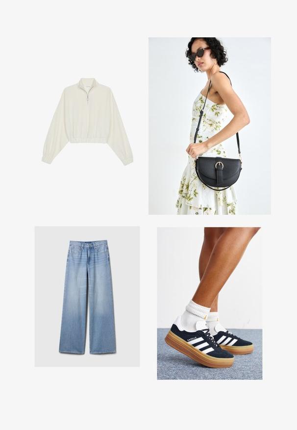 Cropped pullover in cream fabric, featuring a high collar, half-zip closure, elasticated hem and cuffs, with a smooth texture and minimal design.; Light blue wide-leg denim jeans with front pockets, belt loops, and a button and zipper closure.; Black suede sneakers with white stripes and accents, rounded toe, gum rubber outsole, paired with white ribbed crew socks.; Black leather handbag with a curved shape, detachable strap, and gold hardware. The bag features a flap with a buckle detail.