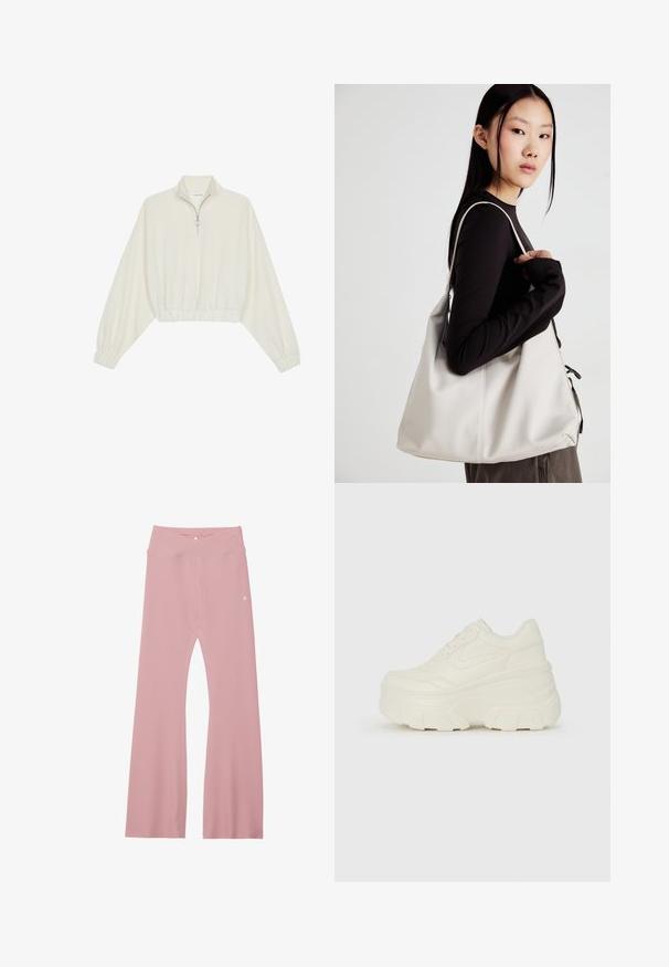 Pullover court en tissu crème, avec un col haut, fermeture éclair à mi-hauteur, ourlet et poignets élastiqués, offrant une texture lisse et un design minimaliste.; Leggings roses clairs à côtes avec une large ceinture, présentant un motif croisé et des coutures renforcées le long des jambes pour plus de durabilité.; Baskets plateformes blanches avec une tige en simili cuir lisse, une forme arrondie, un col rembourré et une semelle en caoutchouc texturé avec des crampons définis.; Sac à main beige en matériau souple, avec un design décontracté, des détails cousus et deux poignées. Idéal pour un usage quotidien.