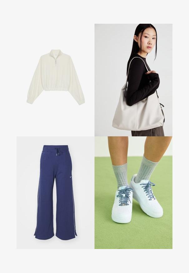 Κομμένο pullover από κρέμα ύφασμα, με ψηλό γιακά, μισό φερμουάρ, ελαστική μέση και μανίκια, με λεία υφή και μινιμαλιστικό σχέδιο.; Nike Sportswear PANT - Παντελόνι φόρμας - midnight navy; Λευκά δερμάτινα sneakers με μπλε λεπτομέρειες, σχέδιο με τρύπες στη μύτη και υφασμάτινα κορδόνια σε μπλε και λευκό, φορεμένα με γκρι ριμπ κάλτσες.; Μπεζ τσάντα χειρός από μαλακό υλικό, με χαλαρή σχεδίαση, ραφές και δύο λουράκια ώμου. Κατάλληλη για καθημερινή χρήση.
