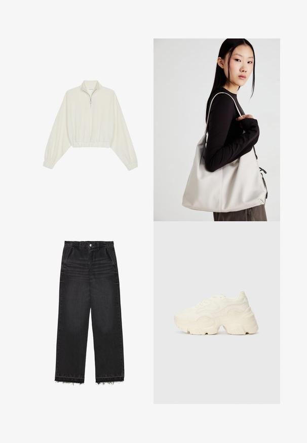 Kreptais pusītes džemperis krēmkrāsā, ar augstu apkakli, puszipa aizdari, elastīgu apakšmalu un aprocēm, ar gludu tekstūru un minimālistisku dizainu.; Melni džinsu bikses ar taisnas kājas dizainu. Iespējas ar augstu jostu, nokaltušiem malu galiem un smalku izbalējušu tekstūru visā virsmā. Iekļautas priekšējās kabatas.; Masīvi balti sportisti, kas izgatavoti no strukturēta sieta un sintētiskajiem materiāliem, ar biezu zoli un sarežģītām rakstu detaļām gar sāniem.; Bežs rokassoma, izgatavota no mīksta materiāla, ar brīvu dizainu, izšūtu apdari un divām plecu siksnām. Piemērota ikdienas lietošanai.