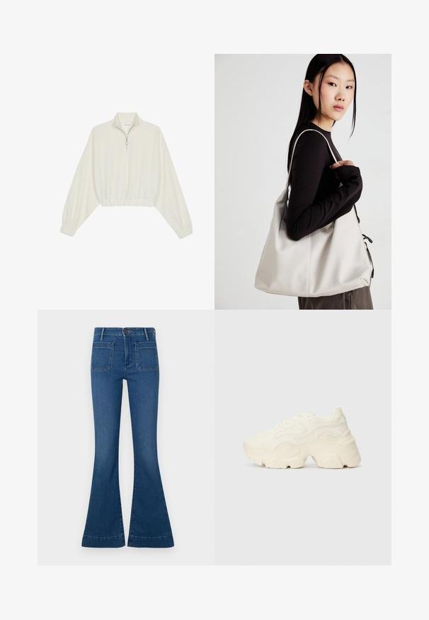 Sudadera cropped en tejido crema, con cuello alto, cierre de media cremallera, dobladillo y puños elásticos, con una textura suave y un diseño minimalista.; Jeans azules acampanados de mezclilla, con una cintura de altura media, dos bolsillos traseros y un dobladillo cosido. Textura suave con un aspecto ligeramente desgastado.; Zapatillas blancas gruesas hechas de malla texturizada y materiales sintéticos, con una suela gruesa y detalles de patrones intrincados a lo largo de los lados.; Bolso de mano beige hecho de material suave, con un diseño holgado, detalles cosidos y dos asas. Adecuado para uso diario.