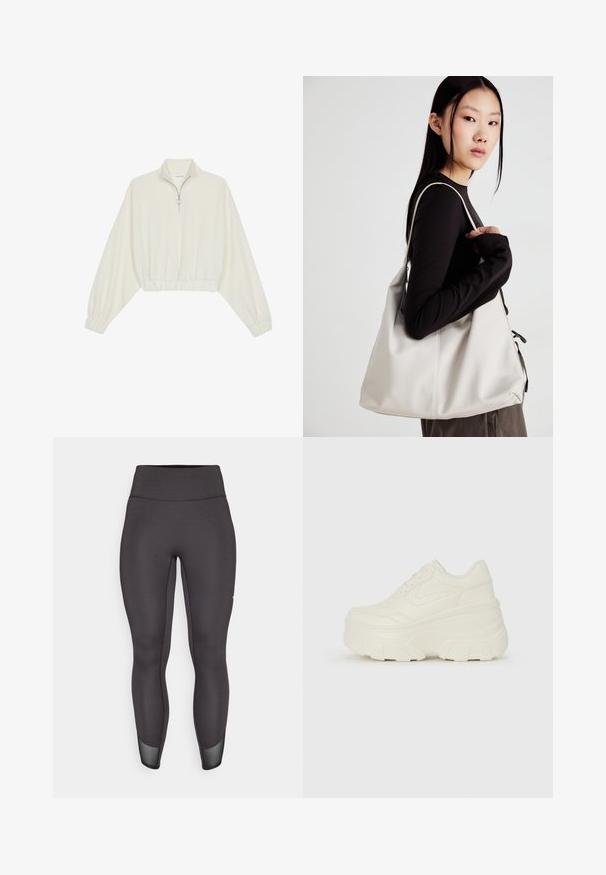 Lyhyt kerrosvaate vaaleasta kankaasta, jossa on korkea kaulus, puolivetoketjukiinnitys, joustavat helma ja hihansuut, tasainen pinta ja minimalistinen muotoilu.; Korkean vyötärön mustat leggingsit, sileä joustava kangas, kapeneva malli, verkkotikut helmoissa, vahvistetut saumat ja ei näkyvää brändäystä.; Valkoiset tasapohjakengät, joissa on sileä nahkamainen päällinen, pyöristetty muoto, pehmustettu nilkkaosa ja texturoitu kumipohja, jossa on hyvin määritellyt urat.; Beige laukku, joka on valmistettu pehmeästä materiaalista, ja siinä on rento muotoilu, ommeltu yksityiskohtia ja kaksi olkahihnaa. Sopii päivittäiseen käyttöön.