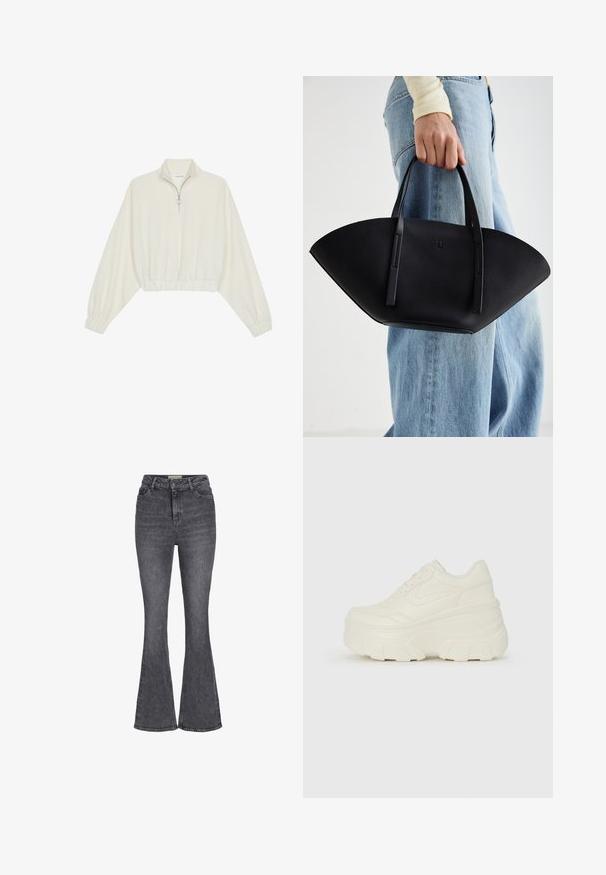 Pullover curto em tecido creme, apresentando um colarinho alto, fecho de meio zíper, bainha e punhos elásticos, com uma textura suave e design minimalista.; Jeans flare de cintura alta em denim cinza escuro, com um design clássico de cinco bolsos, fecho de botão e um leve detalhe de desbotado.; Tênis brancos de plataforma com um cabedal suave semelhante a couro, formato arredondado, colarinho acolchoado e sola de borracha texturizada com ranhuras bem definidas.; Bolsa de mão em couro preto com uma forma única em leque, apresentando alças planas. A superfície tem uma textura pebble e um design minimalista.
