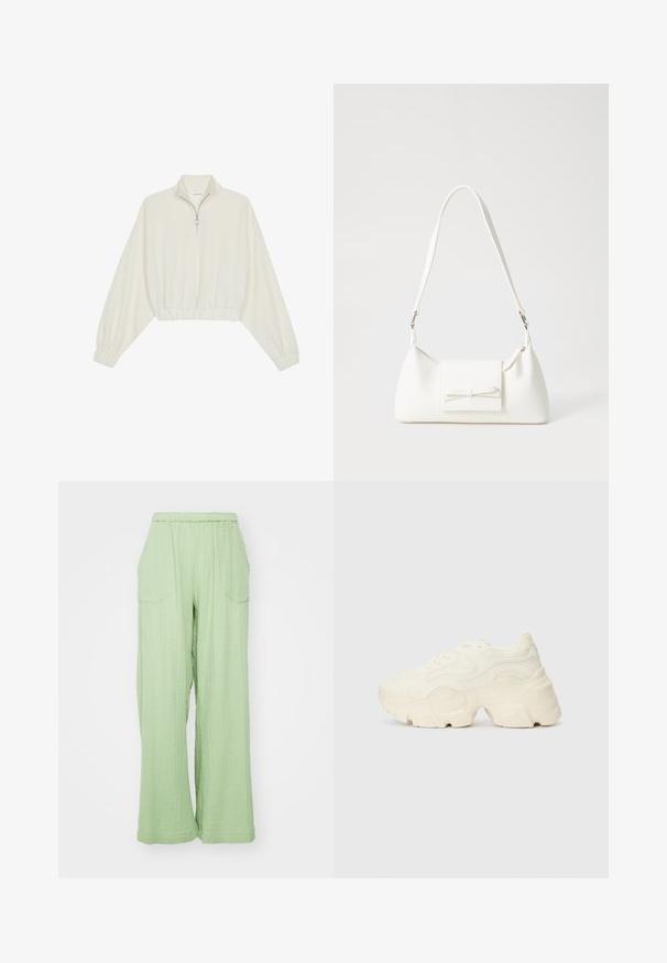 Cropped pullover in cream fabric, featuring a high collar, half-zip closure, elasticated hem and cuffs, with a smooth texture and minimal design.; Light green, wide-leg pants with an elastic waistband, textured fabric, and two front pockets. The design features a relaxed fit.; Chunky white sneakers made of textured mesh and synthetic materials, featuring a thick sole and intricate pattern details along the sides.; White synthetic handbag with a triangular shape, flat front flap and bow detail, adjustable strap, smooth texture, and minimalistic design.