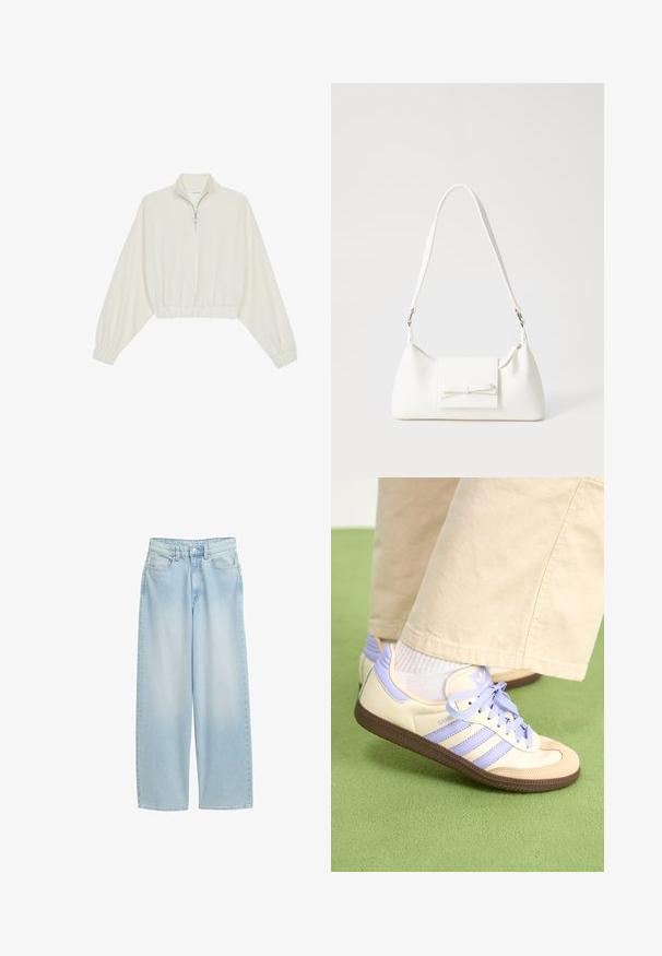 Skraćeni pulover od kremastog materijala, s visokim ovratnikom, zatvaranjem na polovicu munje, elastičnim rubom i manžetama, s glatkom teksturom i minimalnim dizajnom.; Svijetloplavi trapericama širokih nogavica, izrađeni od denima, sa visokim strukom, prednjim džepovima, zatvaranjem na gumb i klasičnim detaljima šavova.; Kremasto-ljubičaste tenisice s tri pruge i strukturiranim smeškim potplatom, s vezicama i podstavljenim petom. Mekana gornja tkanina.; Bijela sintetička torbica s trokutastim oblikom, ravnim prednjim poklopcem i detaljem u obliku mašne, podesivom remenom, glatkom teksturom i minimalističkim dizajnom.